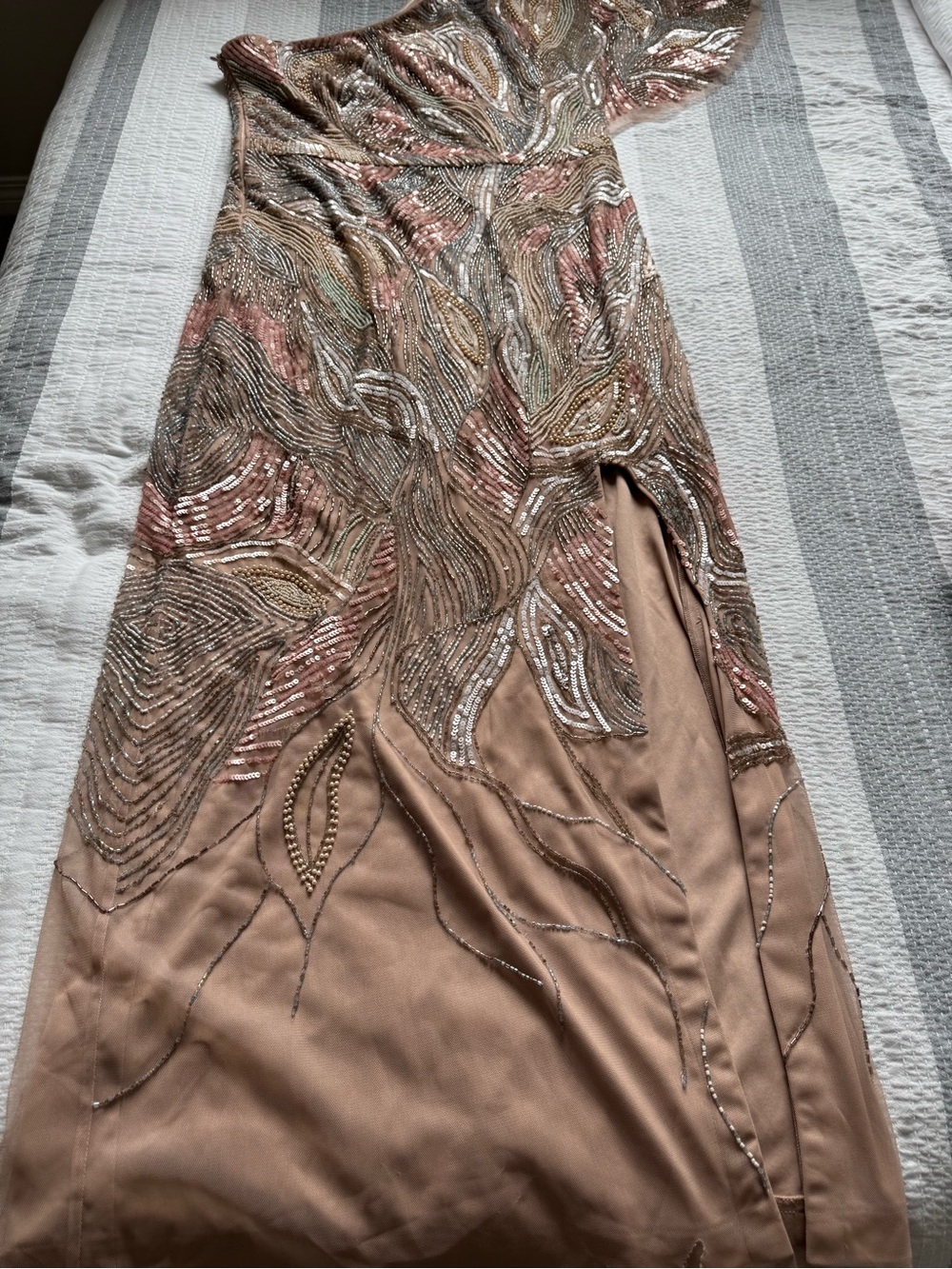 Aidan Mattox One-Shoulder Embellished Maxi in Blush and Metallics